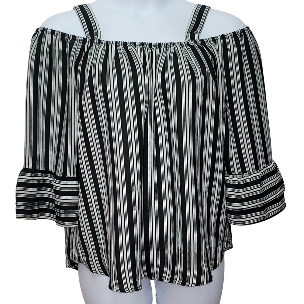 Hot in Hollywood Off‑Shoulder Striped‎ Blouse Black White L Boho Office Parisian